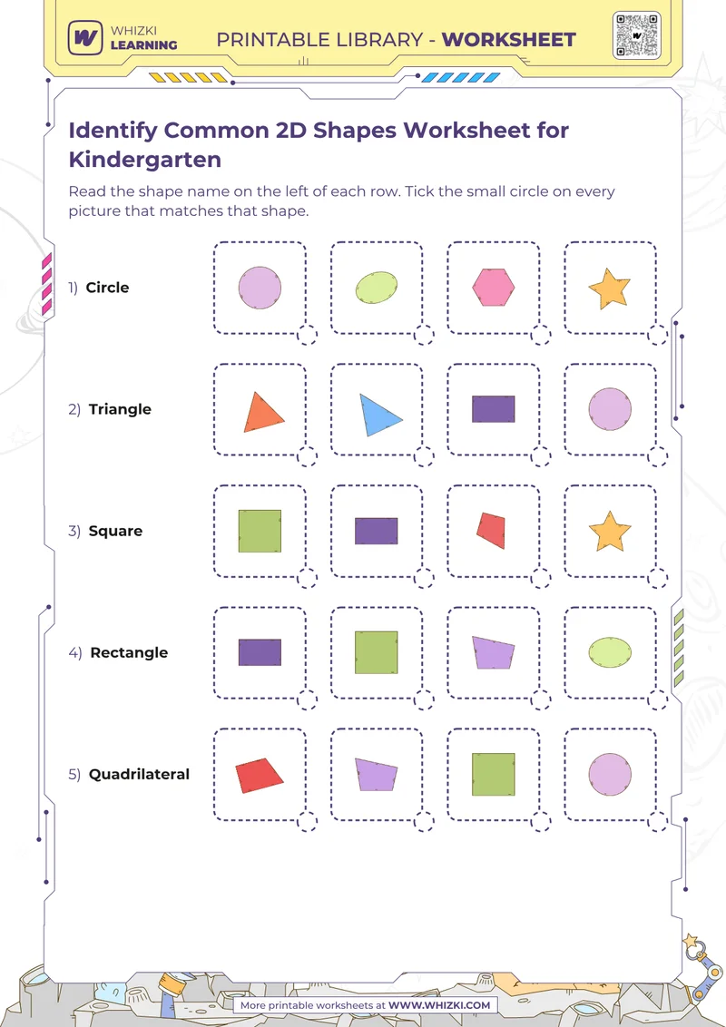 Identify Common 2D Shapes Worksheet for Kindergarten