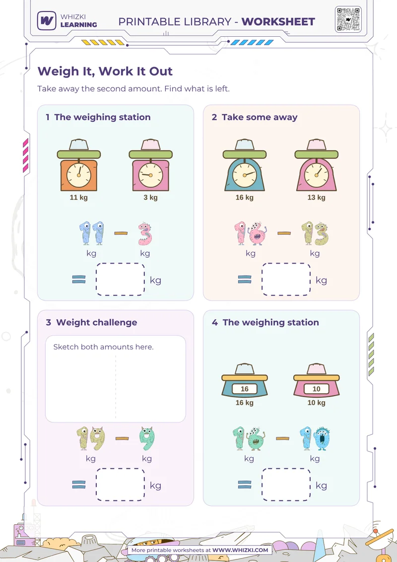 Kilogram Subtraction Measurement Worksheet