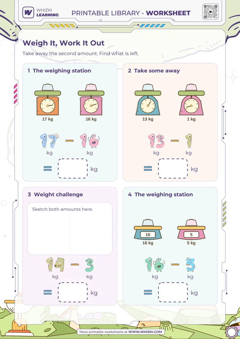 Kilogram Subtraction Measurement Worksheet