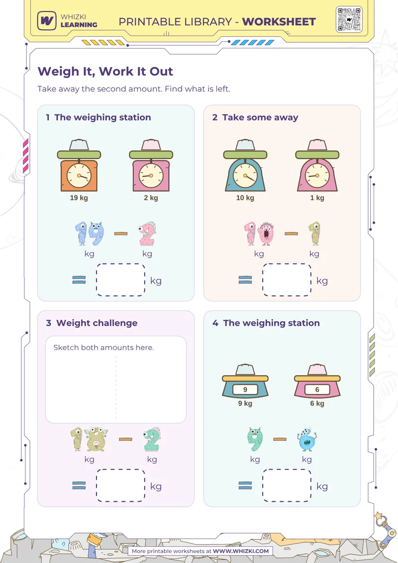 Kilogram Subtraction Measurement Worksheet
