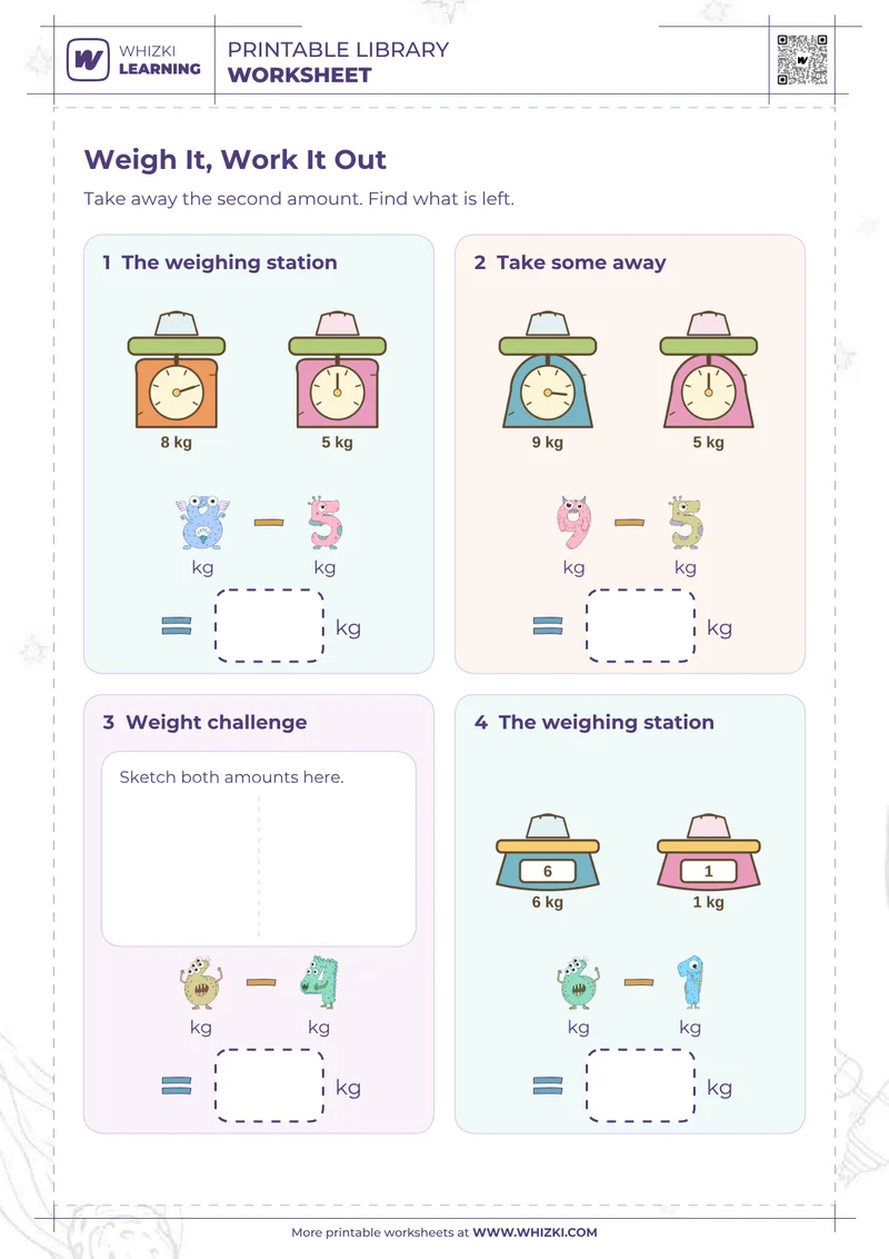 Kilogram Subtraction Measurement Worksheet