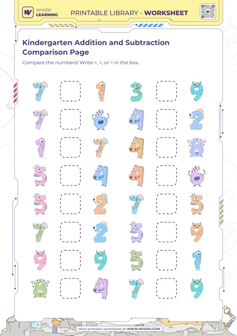 Kindergarten Addition and Subtraction Comparison Page