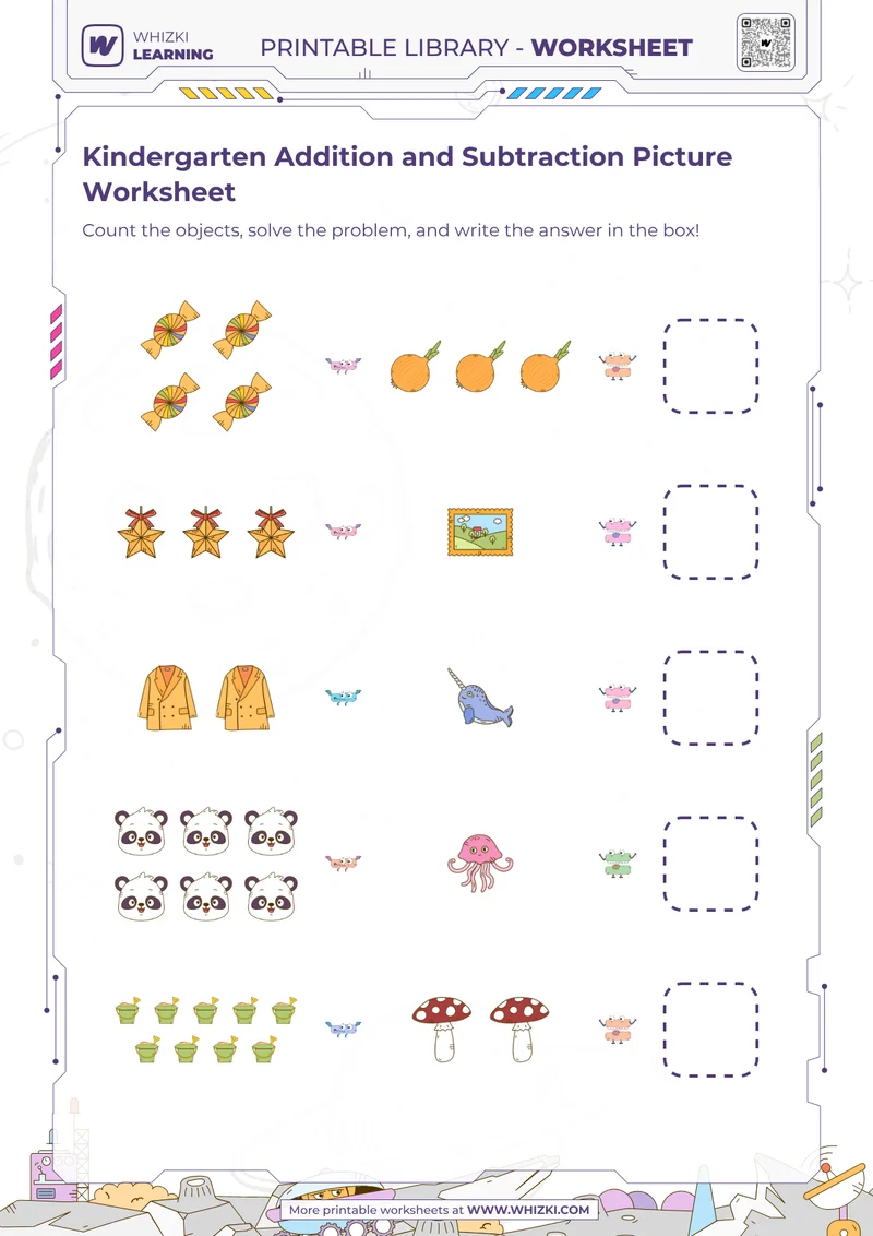 Kindergarten Addition and Subtraction Picture Worksheet