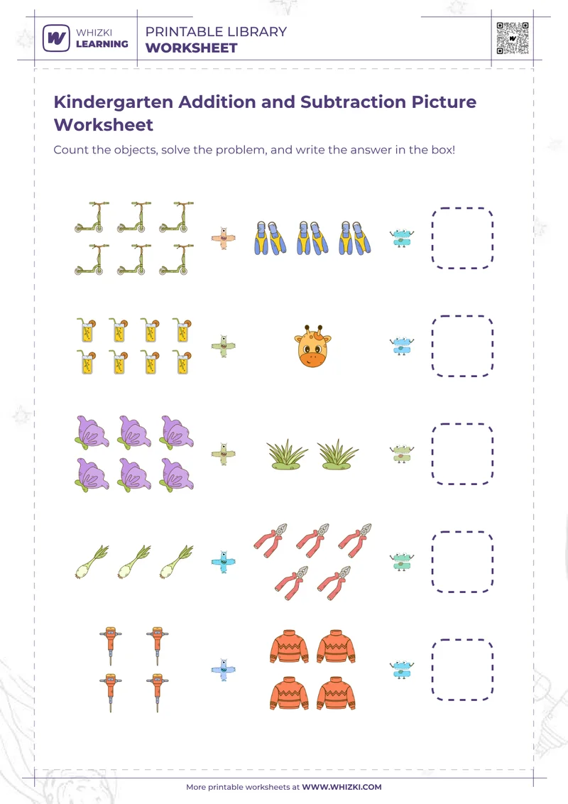 Kindergarten Addition and Subtraction Picture Worksheet
