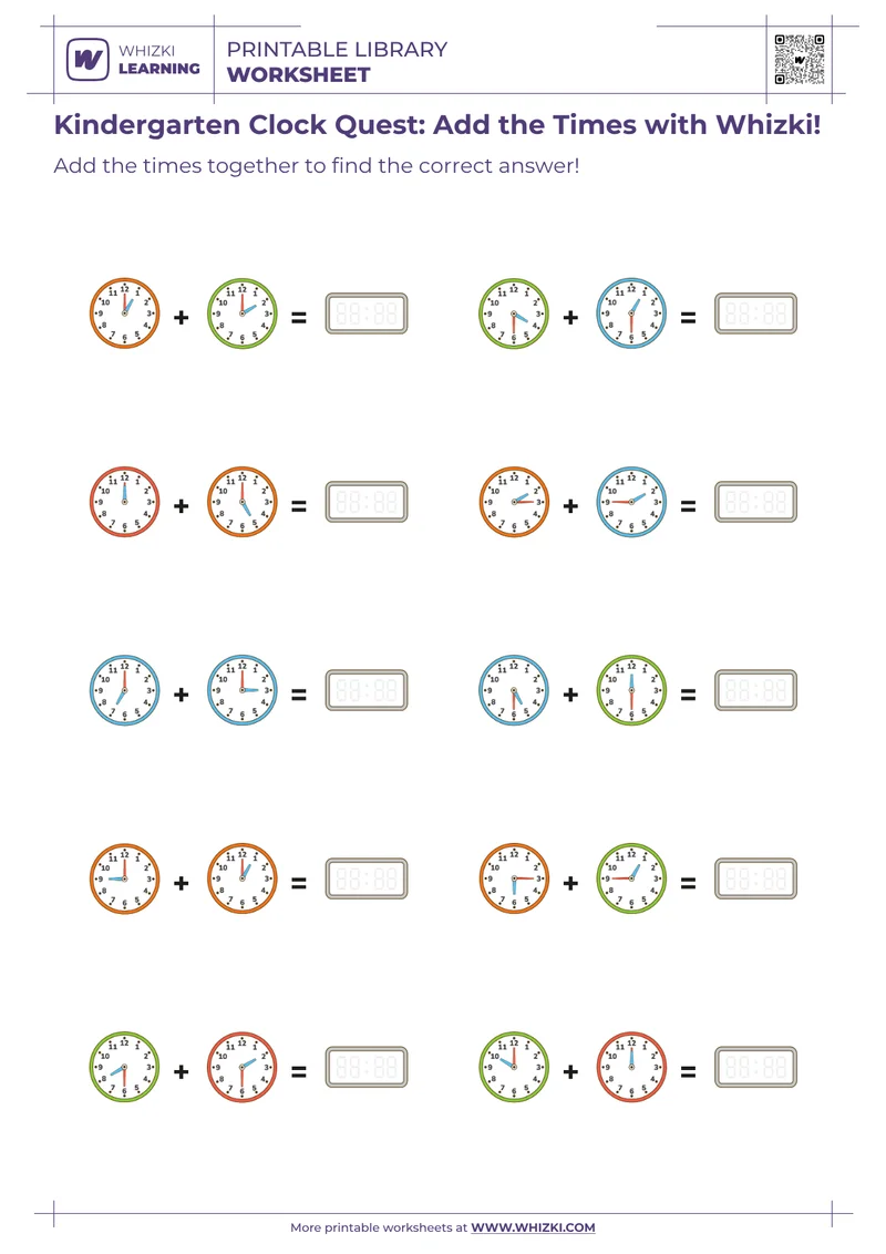 Kindergarten Clock Quest: Add the Times with Whizki!