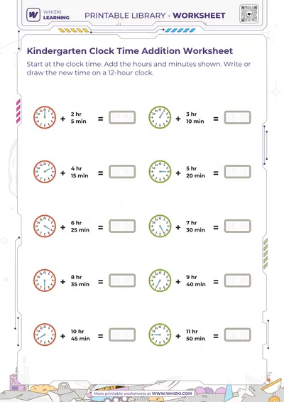 Kindergarten Clock Time Addition Worksheet