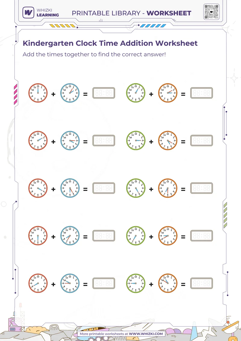 Kindergarten Clock Time Addition Worksheet