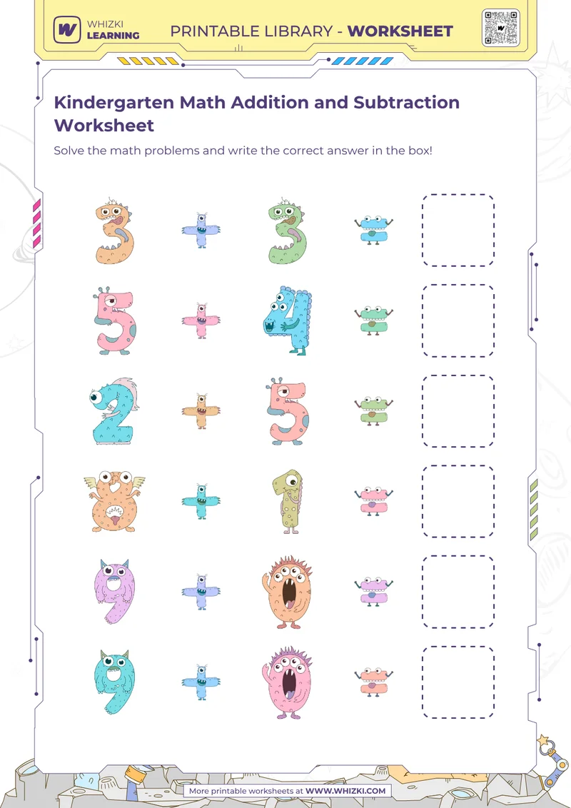 Kindergarten Math Addition and Subtraction Worksheet