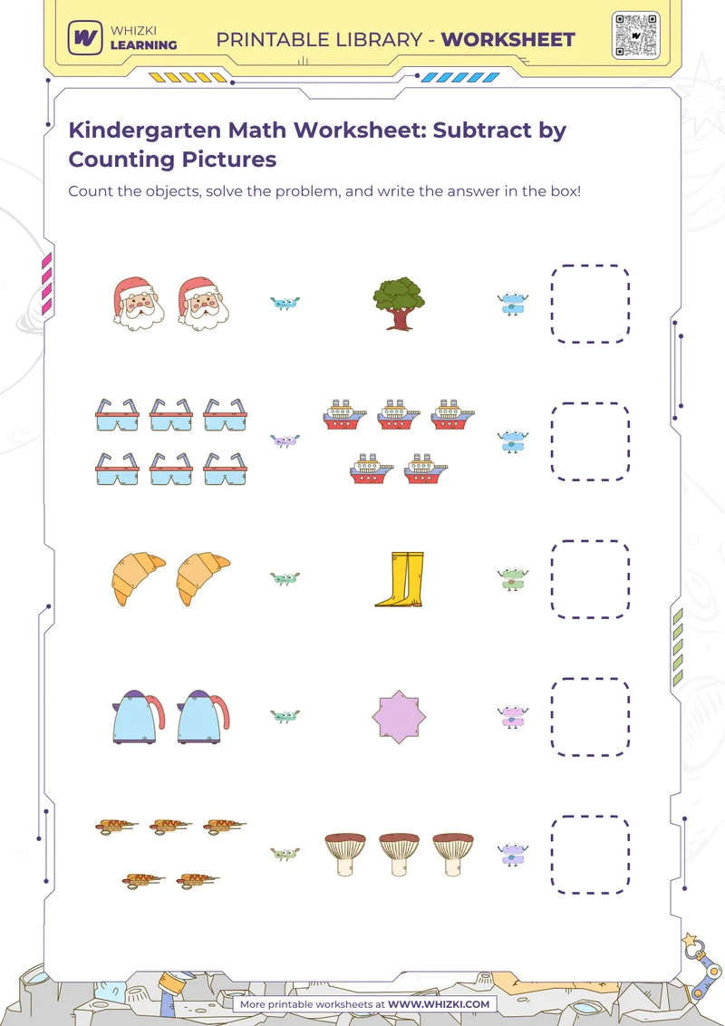 Kindergarten Math Worksheet: Subtract by Counting Pictures