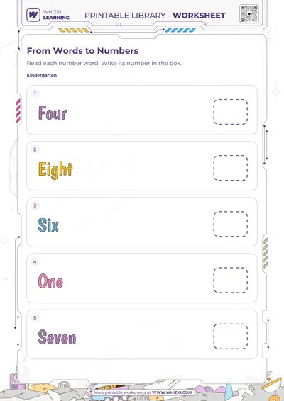 Kindergarten Number Words to Numerals Worksheet