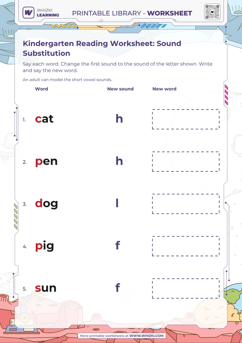 Kindergarten Reading Worksheet: Sound Substitution