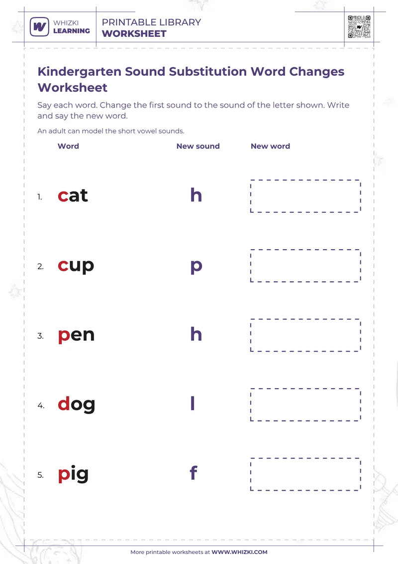 Kindergarten Sound Substitution Word Changes Worksheet