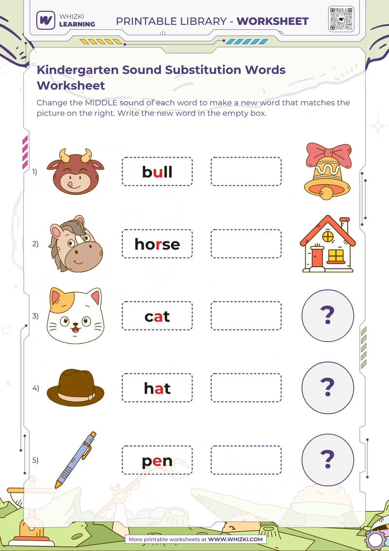Kindergarten Sound Substitution Words Worksheet