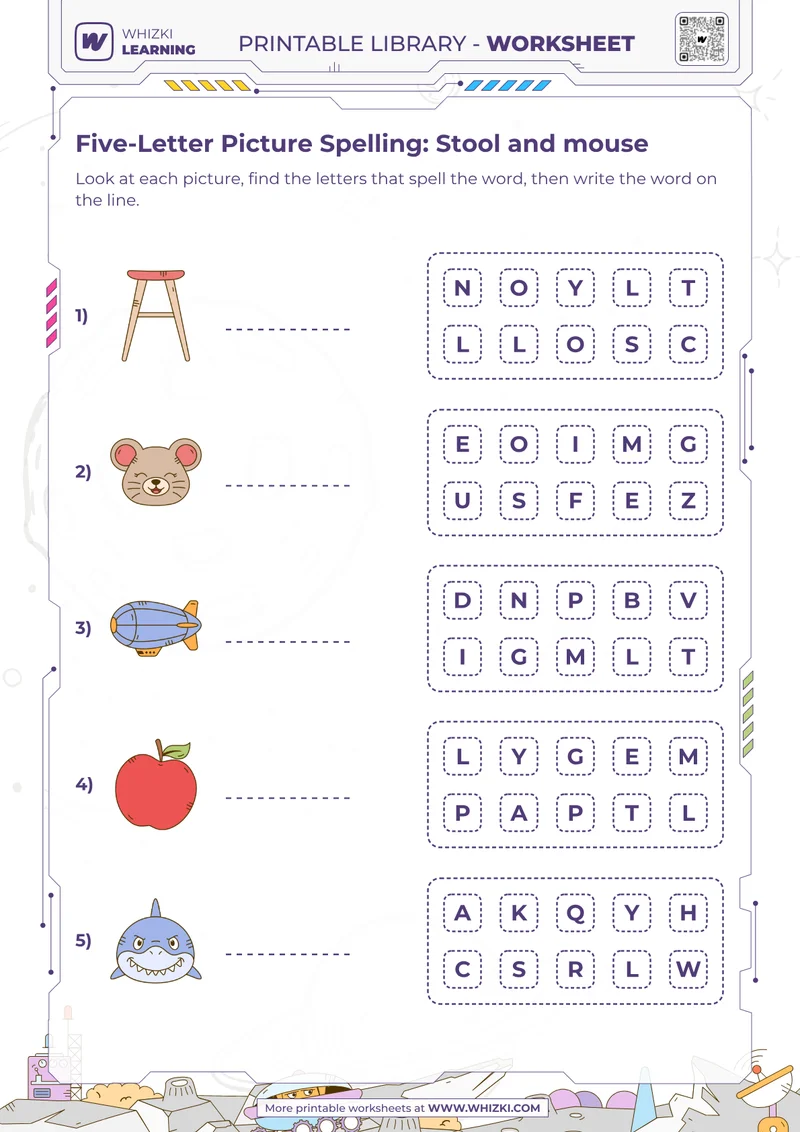 Five-Letter Picture Spelling: Stool and mouse