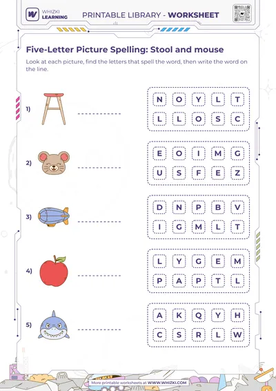 Five-Letter Picture Spelling: Stool and mouse