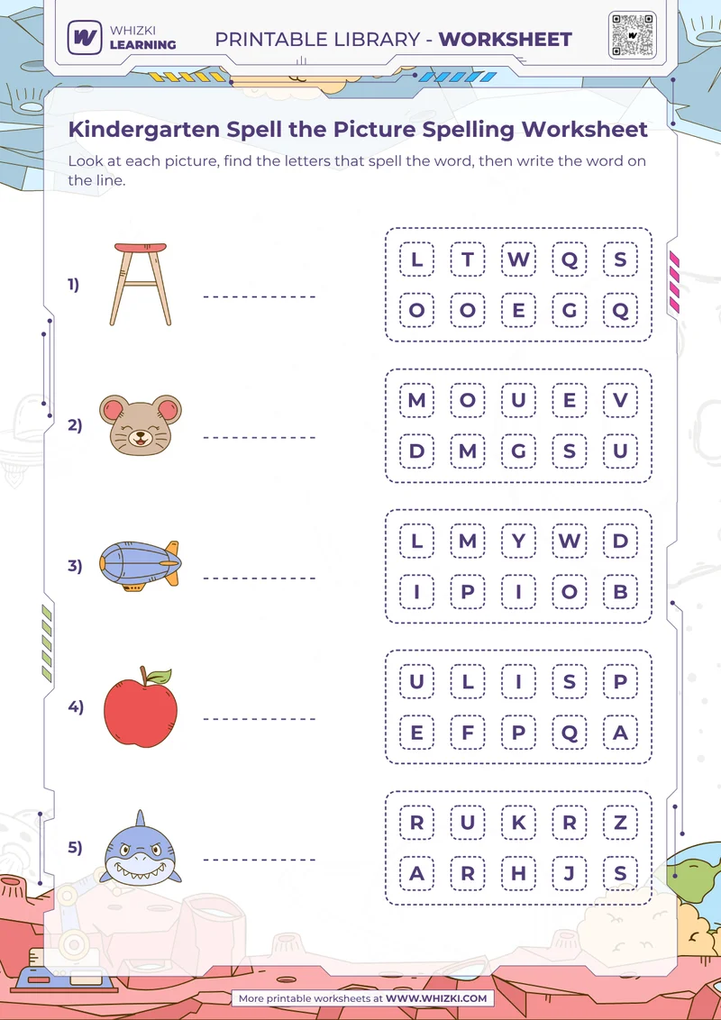 Kindergarten Spell the Picture Spelling Worksheet