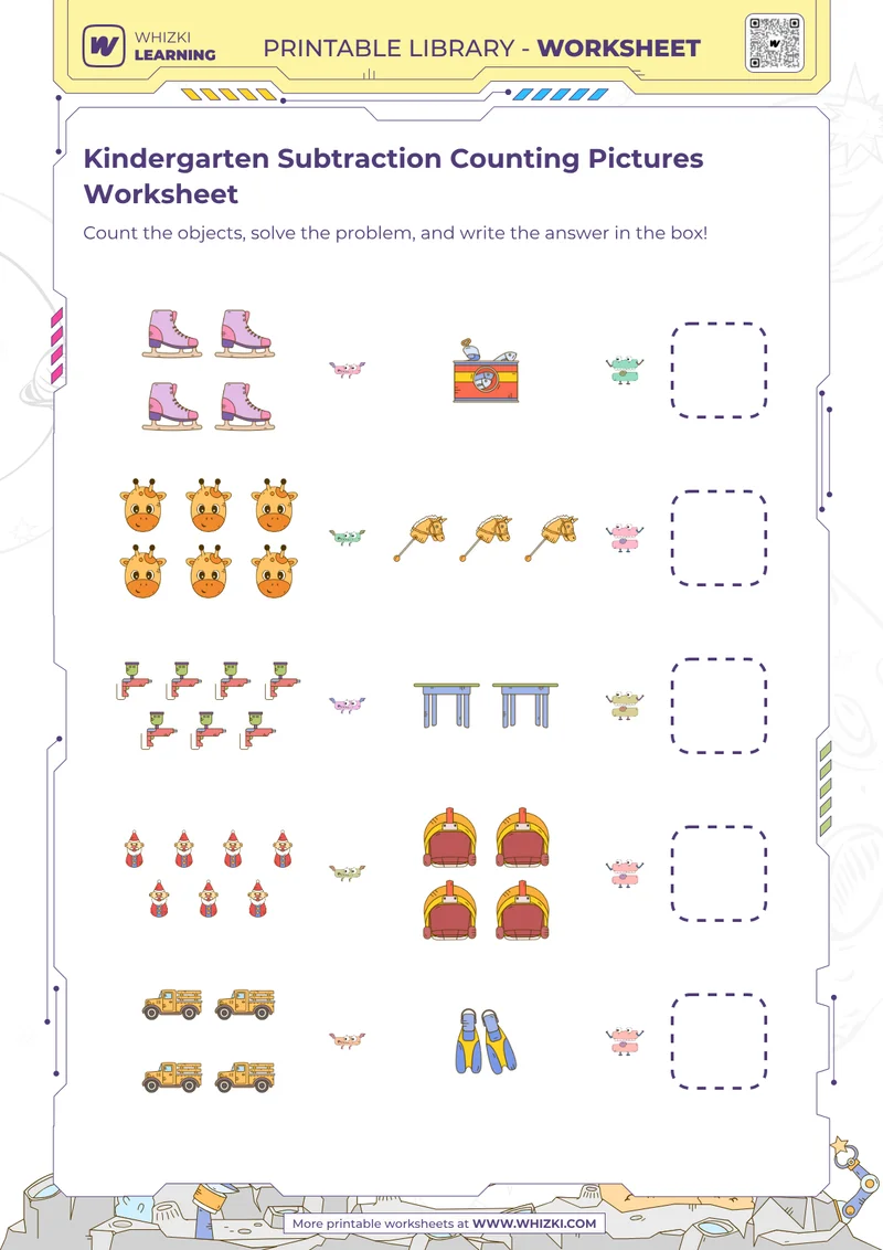 Kindergarten Subtraction Counting Pictures Worksheet