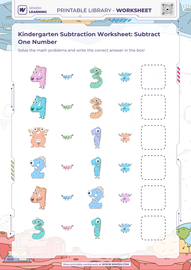 Kindergarten Subtraction Worksheet: Subtract One Number