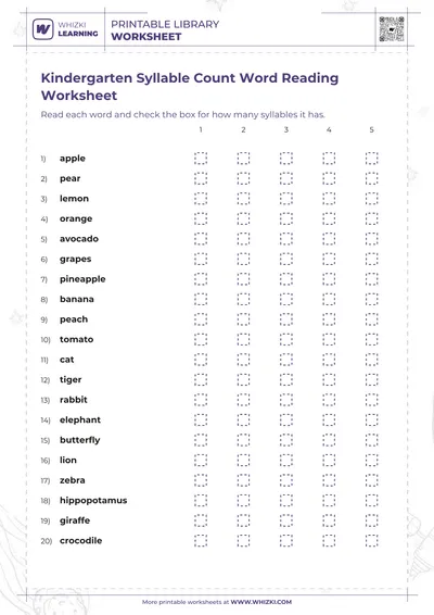 Kindergarten Syllable Count Word Reading Worksheet