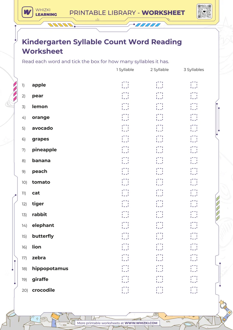 Kindergarten Syllable Count Word Reading Worksheet