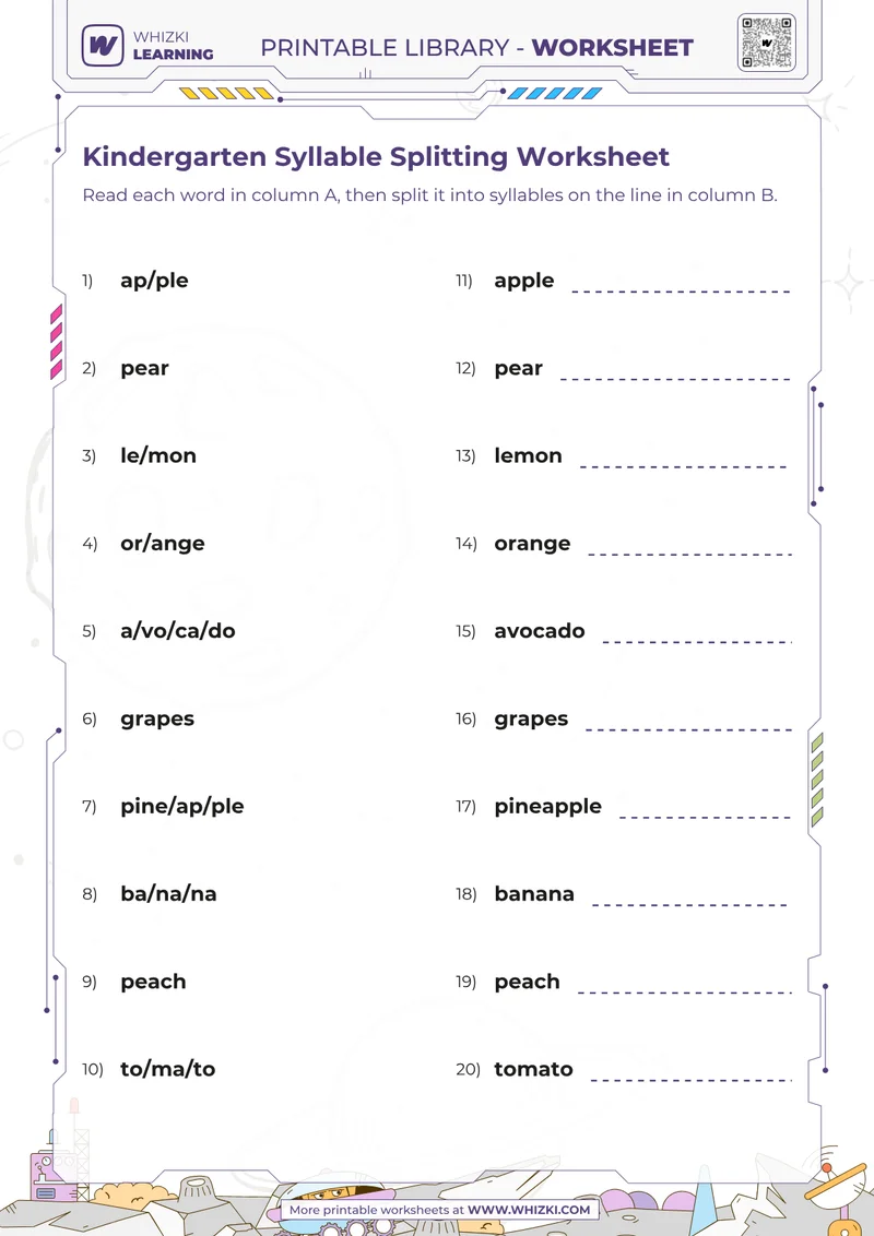 Kindergarten Syllable Splitting Worksheet