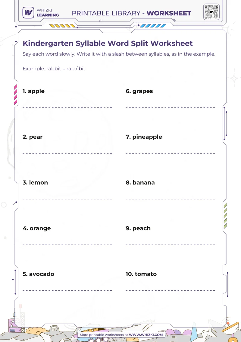 Kindergarten Syllable Word Split Worksheet