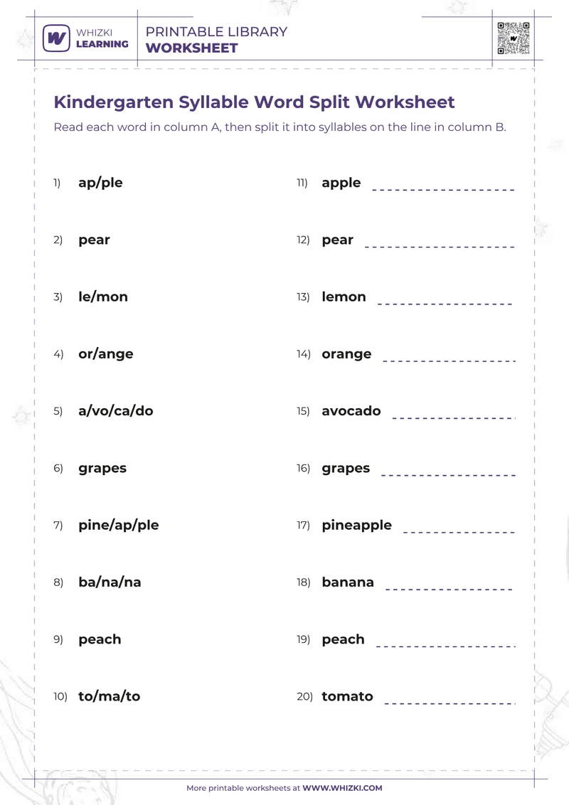 Kindergarten Syllable Word Split Worksheet