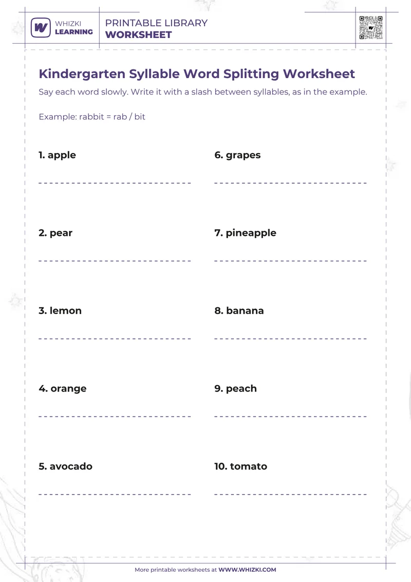 Kindergarten Syllable Word Splitting Worksheet