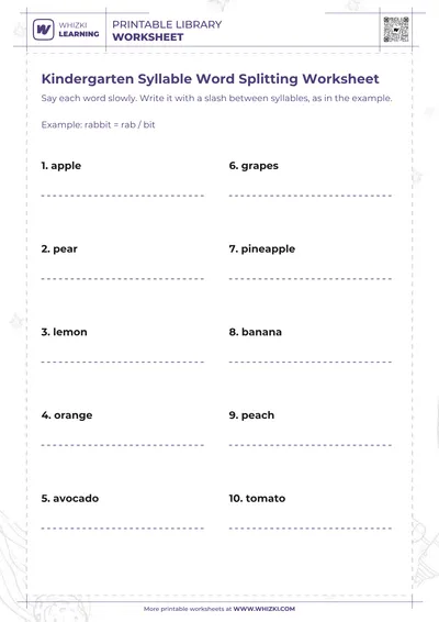 Kindergarten Syllable Word Splitting Worksheet