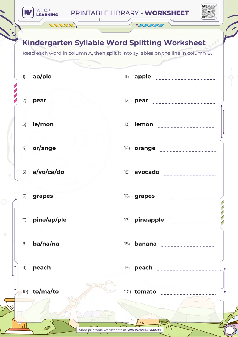 Kindergarten Syllable Word Splitting Worksheet