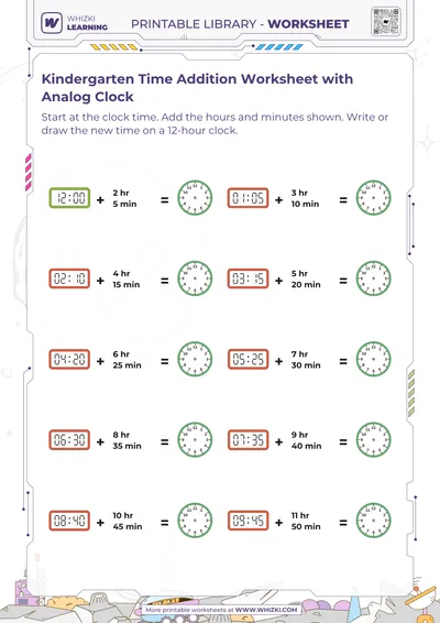 Kindergarten Time Addition Worksheet with Analog Clock
