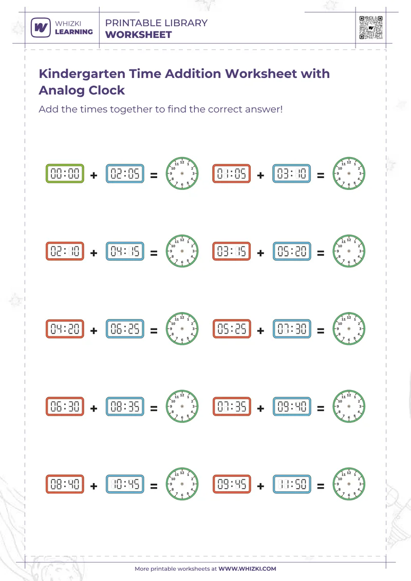 Kindergarten Time Addition Worksheet with Analog Clock