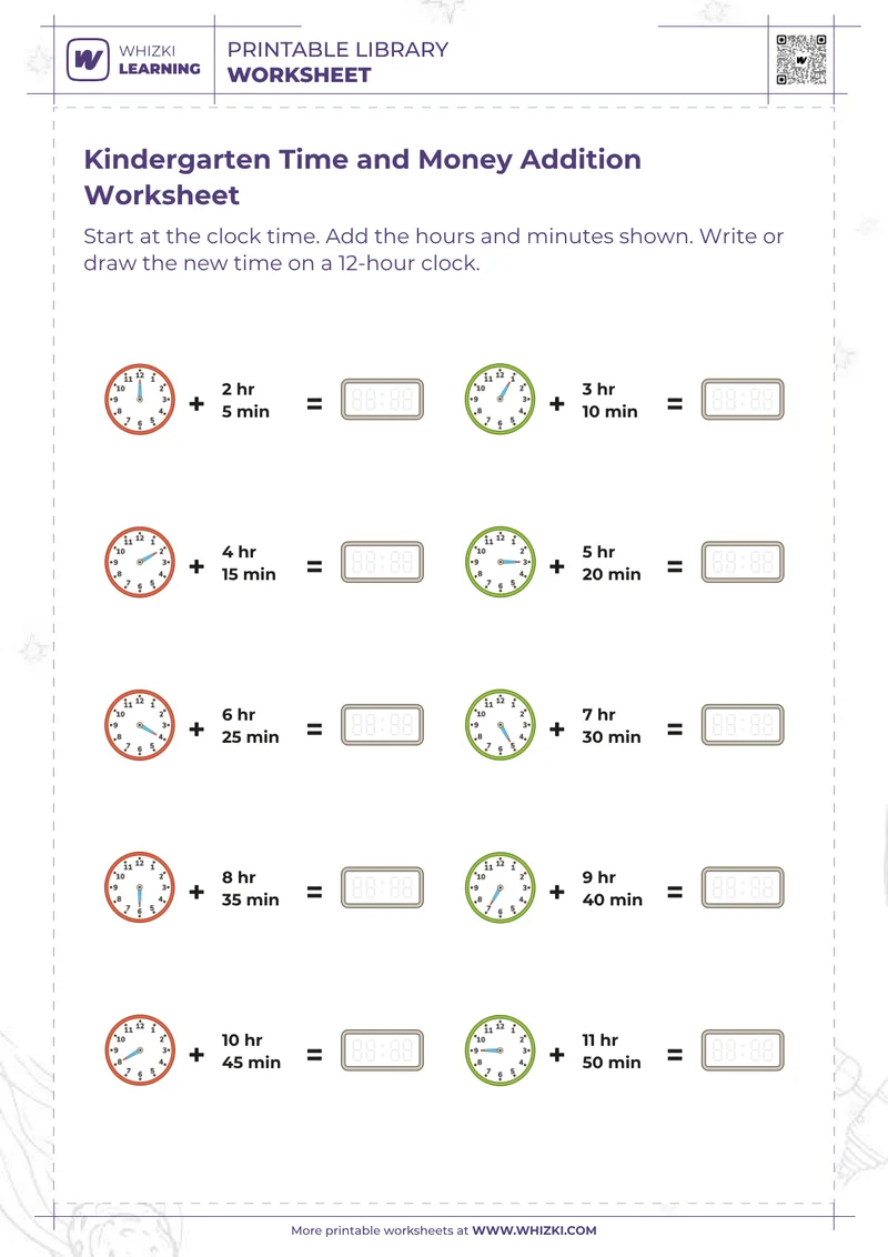 Kindergarten Time and Money Addition Worksheet