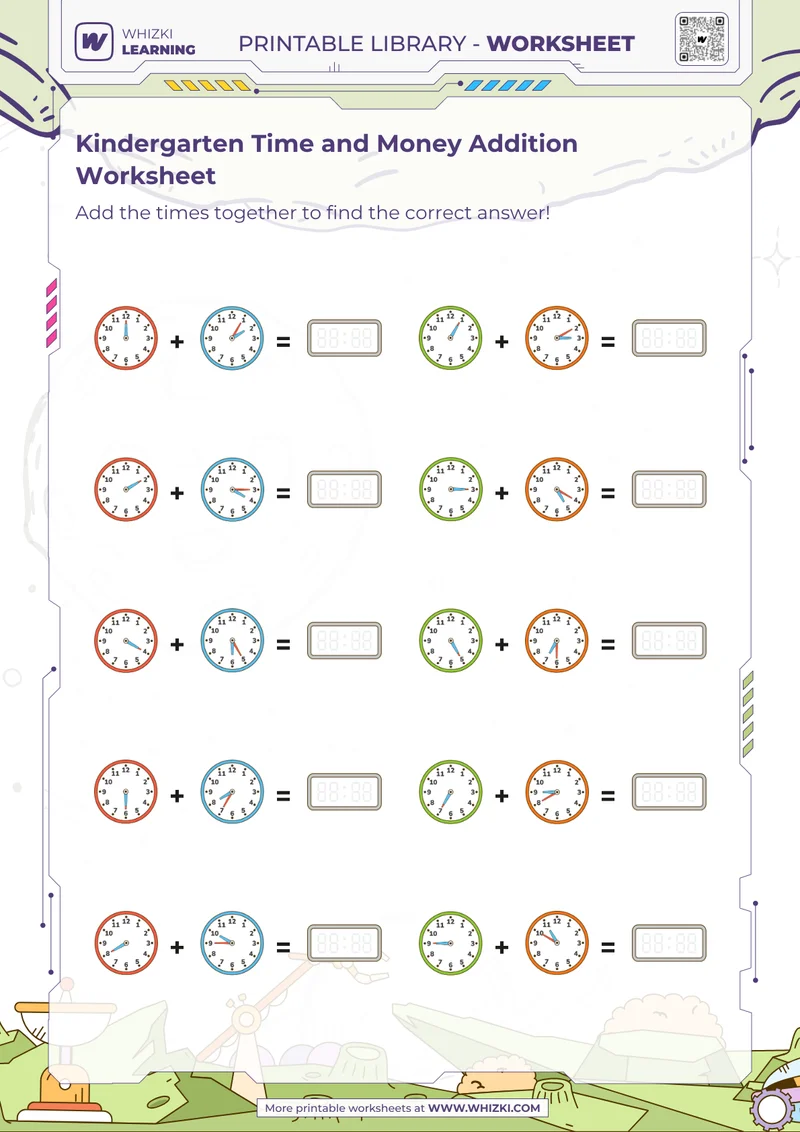 Kindergarten Time and Money Addition Worksheet