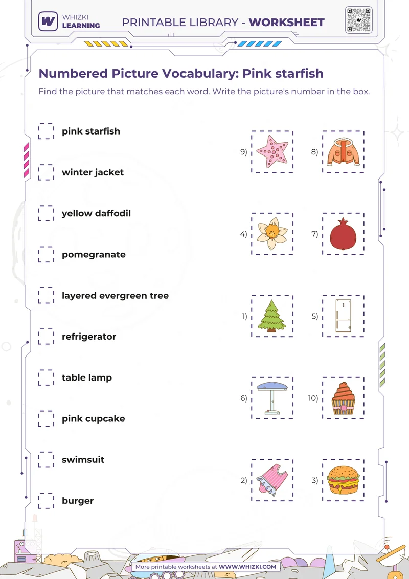 Numbered Picture Vocabulary: Pink starfish