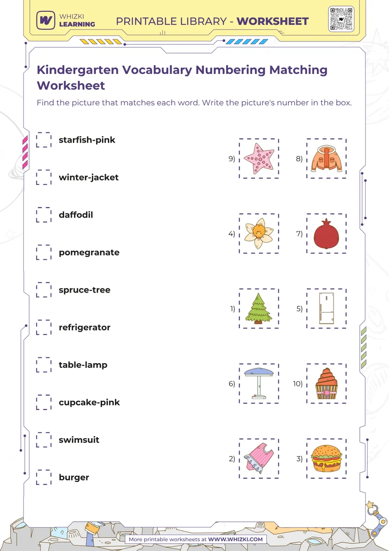 Kindergarten Vocabulary Numbering Matching Worksheet