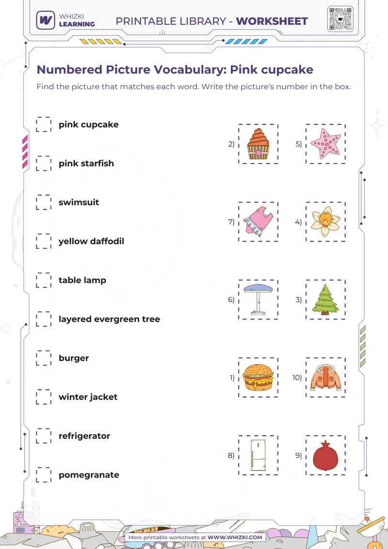 Numbered Picture Vocabulary: Pink cupcake