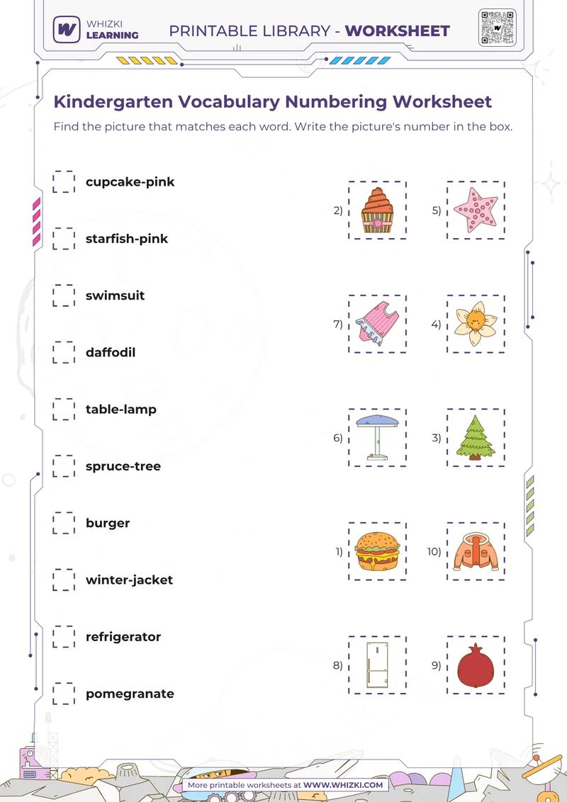 Kindergarten Vocabulary Numbering Worksheet