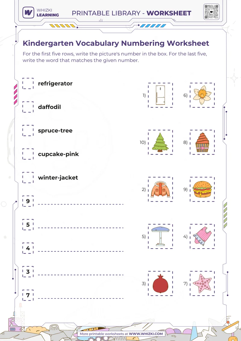 Kindergarten Vocabulary Numbering Worksheet