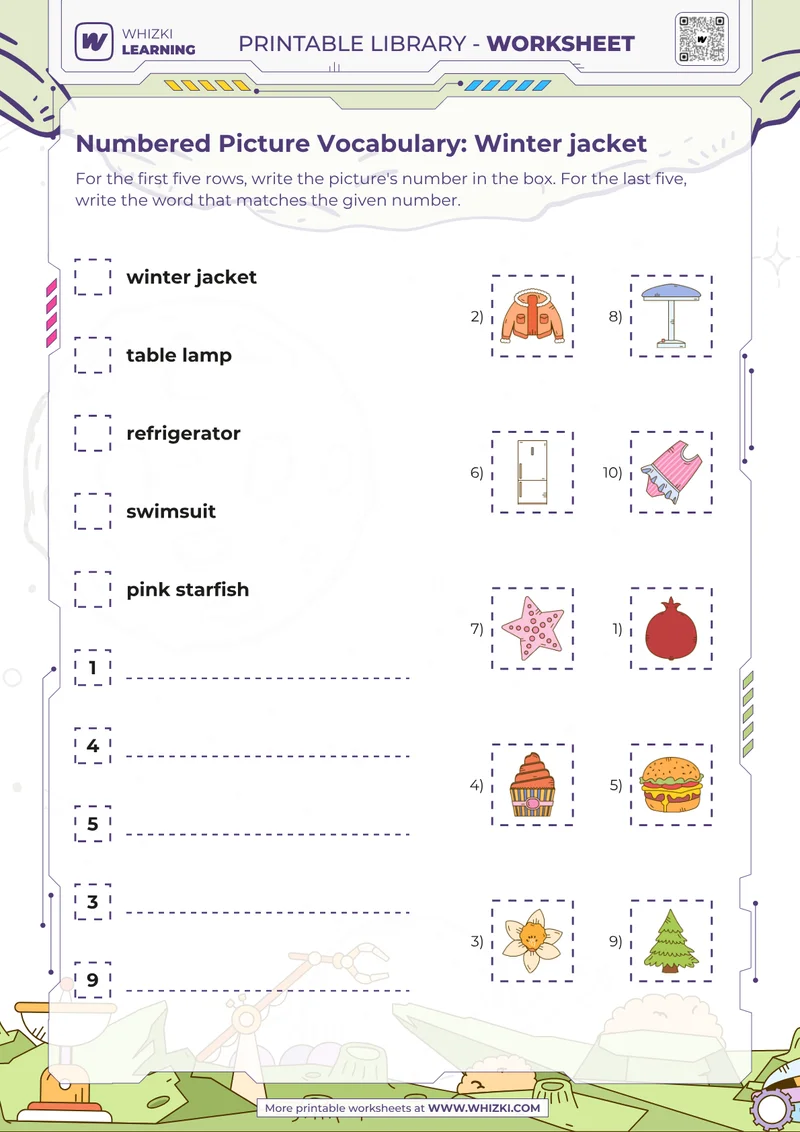 Numbered Picture Vocabulary: Winter jacket