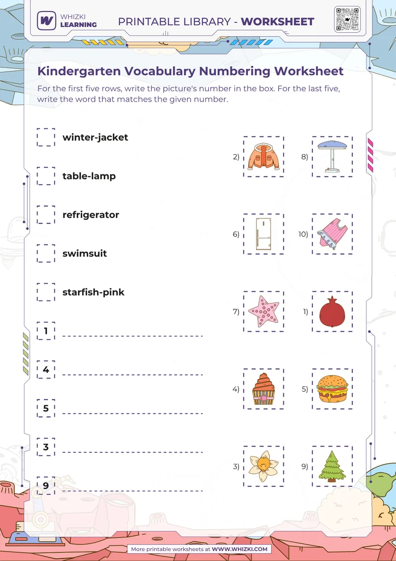 Kindergarten Vocabulary Numbering Worksheet