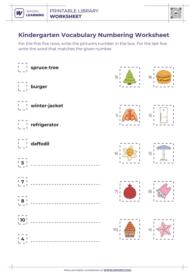 Kindergarten Vocabulary Numbering Worksheet