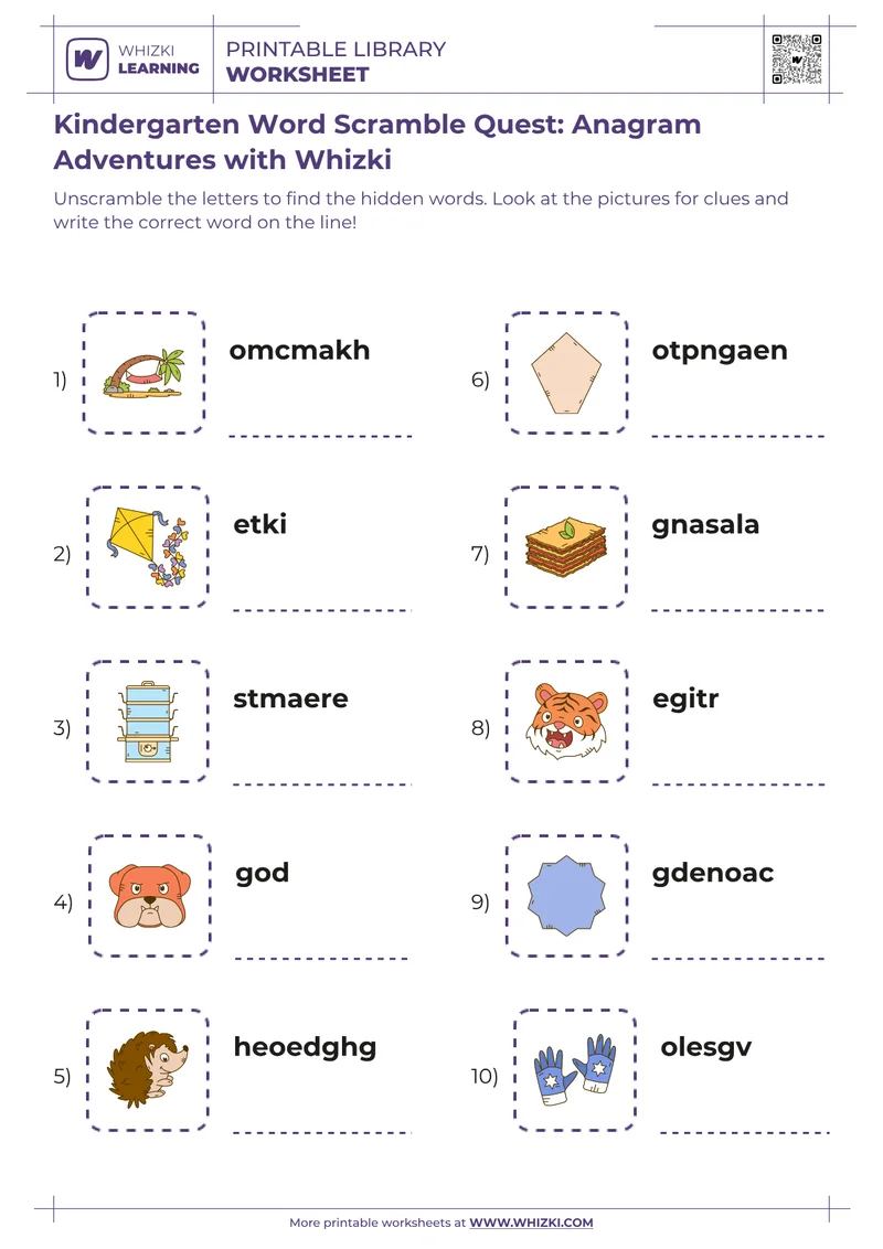 Kindergarten Word Scramble Quest: Anagram Adventures with Whizki