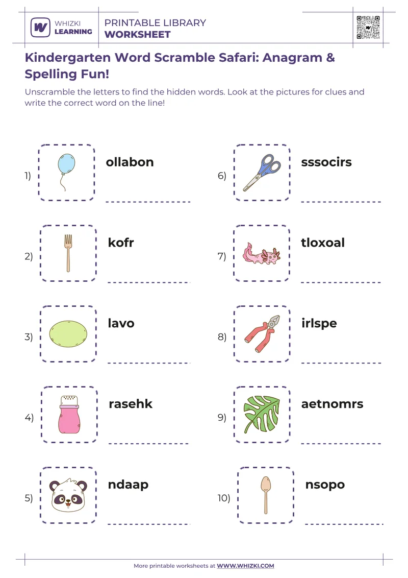 Kindergarten Word Scramble Safari: Anagram & Spelling Fun!