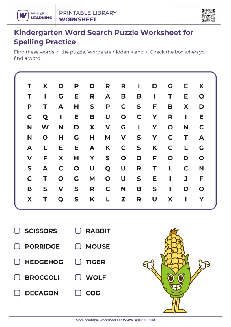 Kindergarten Word Search Puzzle Worksheet for Spelling Practice