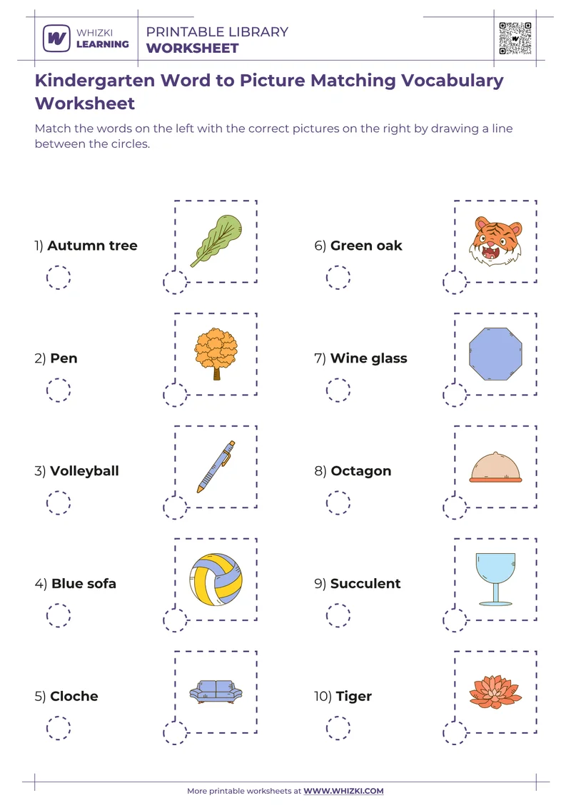 Kindergarten Word to Picture Matching Vocabulary Worksheet