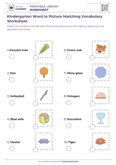 Kindergarten Word to Picture Matching Vocabulary Worksheet