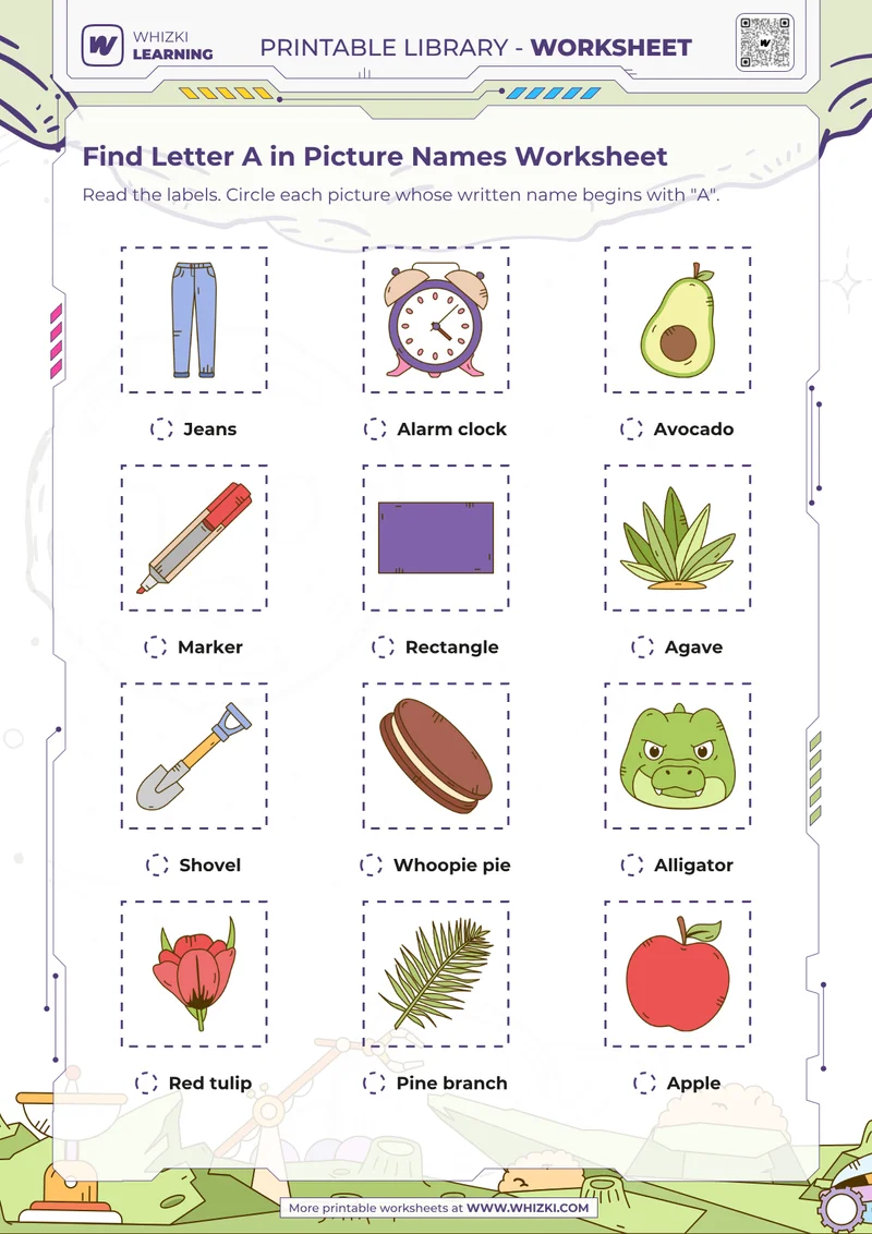 Find Letter A in Picture Names Worksheet