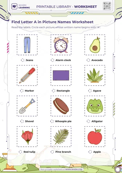 Find Letter A in Picture Names Worksheet