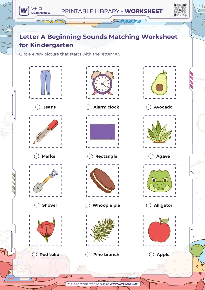 Letter A Beginning Sounds Matching Worksheet for Kindergarten
